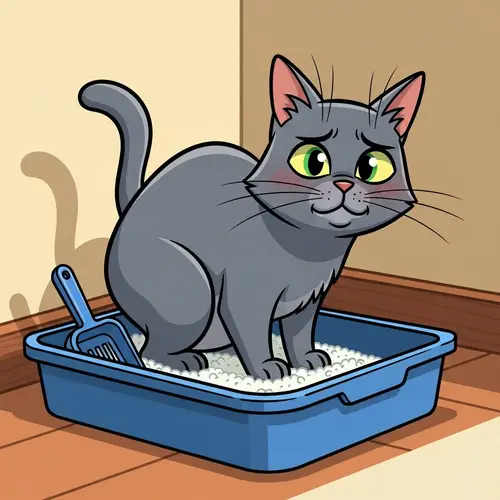 Grey Cat Using Blue Litter Box - Clean Indoor Scene