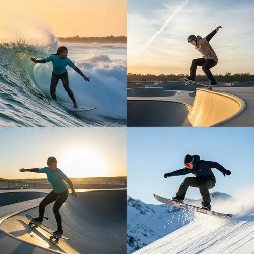 Diverse Boardriders in Action: Surfing, Skateboarding, Snowboarding