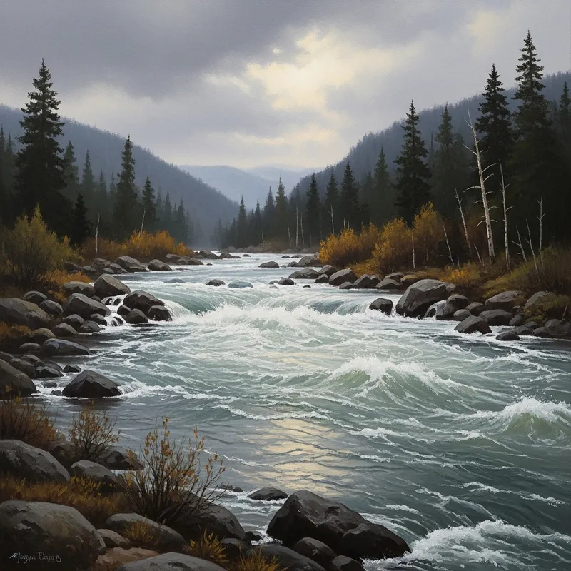 Raging River: Captivating Oil Painting of Nature's Power Raging River: Captivating Oil Painting of Nature's Power