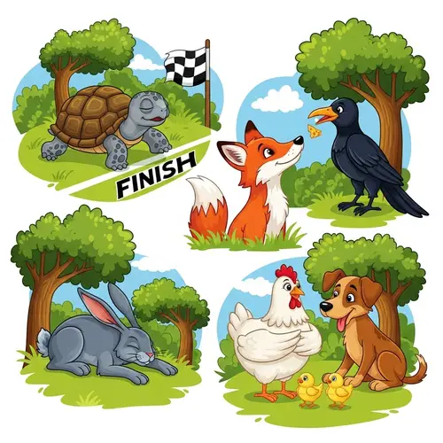 Colorful Cartoon Illustration: Moral Story with Animals in Lush Green Forest