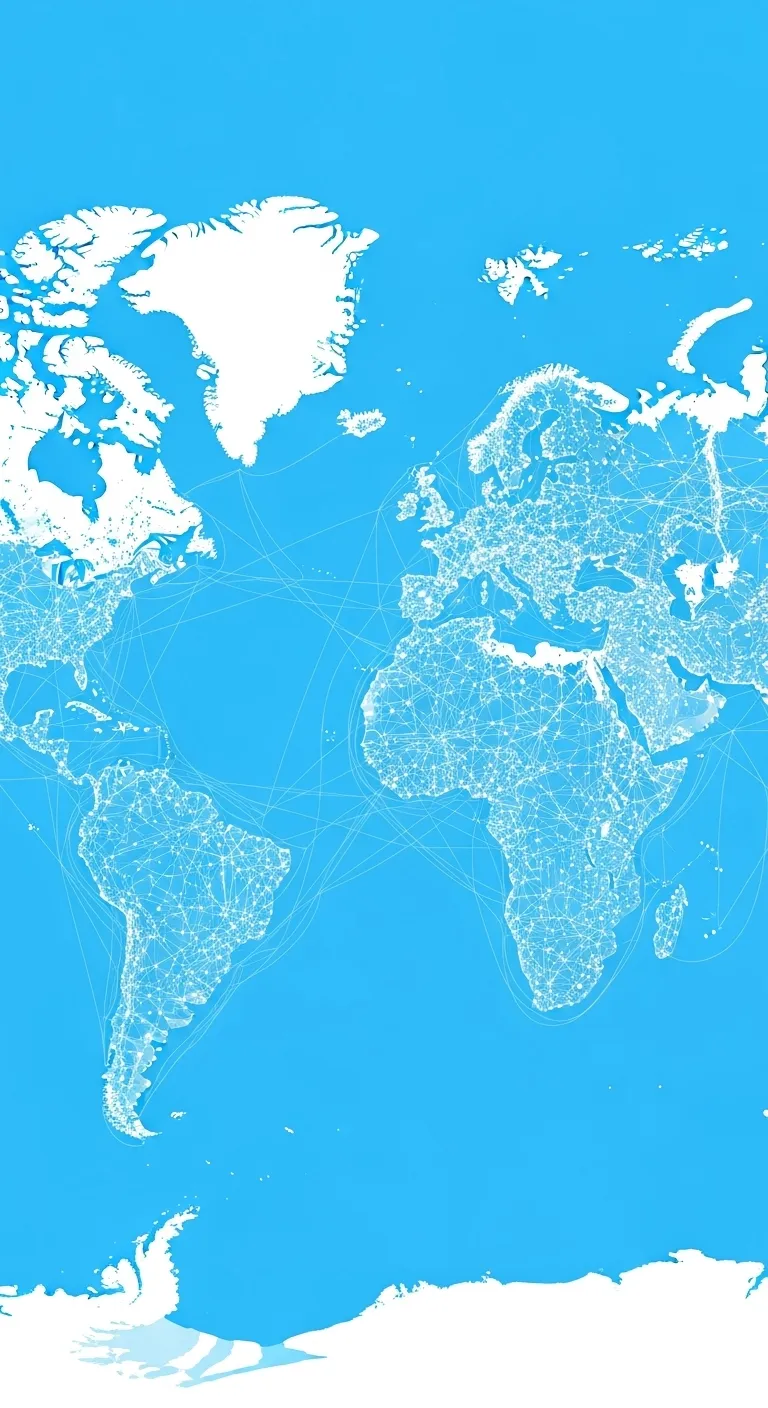 Sky Blue World Map with White Infrastructure Network Overlay