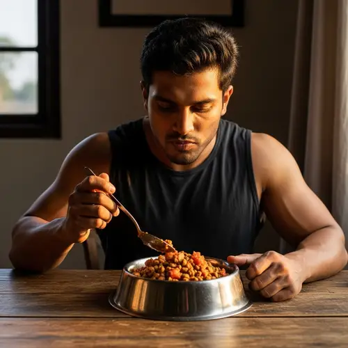 Determined South Asian Man Eating Chunky Stew - Inspiring Moment