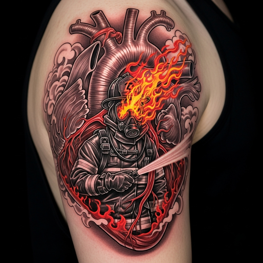 Intricate Heart Muscle Tattoo with Firefighter and Flames Design | AI Art  Generator | Easy-Peasy.AI, image size:1024x1024