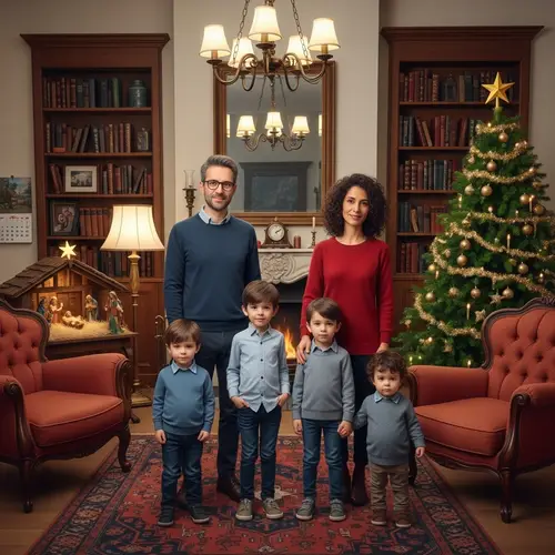 French Parisian-Style Family Christmas Scene with Father, Mother & Sons