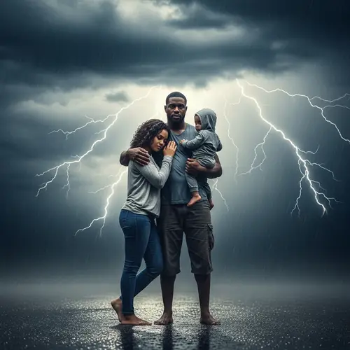Black Family Under Storm: Muscular Man, Slim Woman, Child