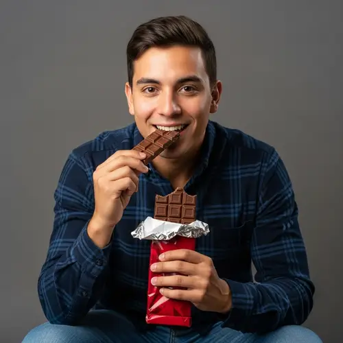 Handsome Hispanic Male Enjoying Dark Chocolate - Pleasure and Delight