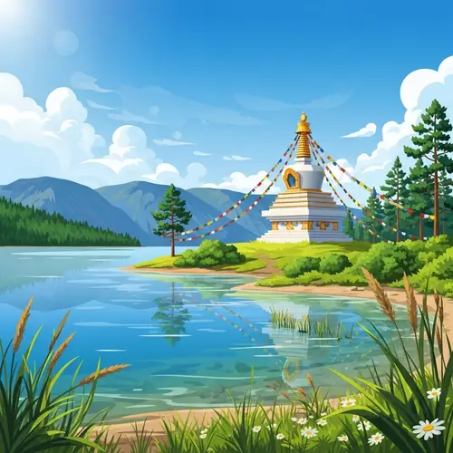 Serene Buddhist Stupa at Lake Baikal with Majestic Mountains