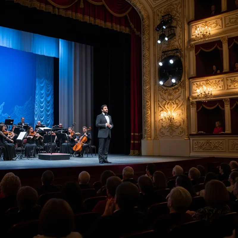 Dramatic Scene: Middle-Eastern Male Opera Singer in Spotlight