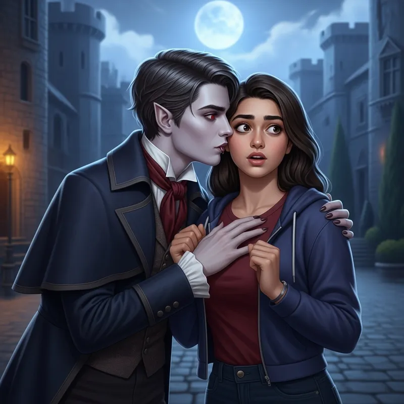 Enchanting vampire boy kisses girls in moonlit courtyard Enchanting vampire boy kisses girls in moonlit courtyard