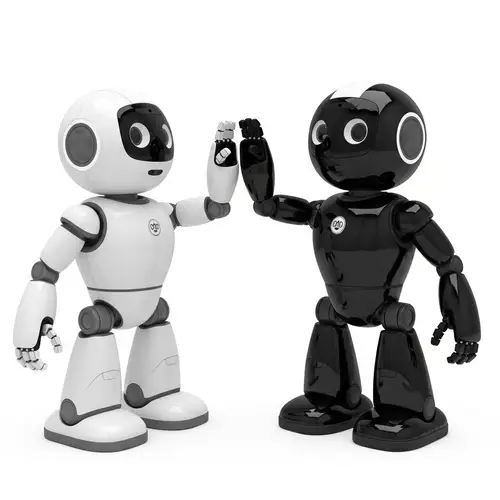 Adorable Black and White Robots High-Fiving | Realistic Photo