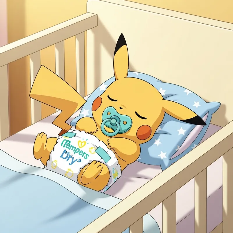 Newborn Pikachu in Pampers Baby Dry Diapers - Cute Cartoon Baby