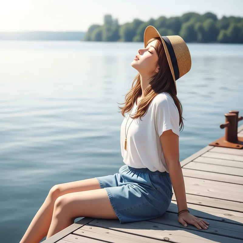 Tranquil Anime Girl Enjoying Sunny Day by Waterside