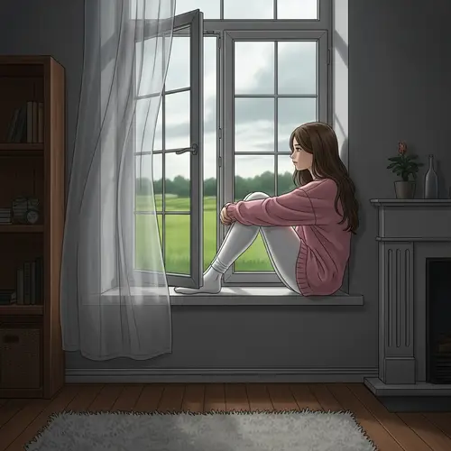 Pensive Young Girl in Pink Sweater by Window | Melancholy Scene