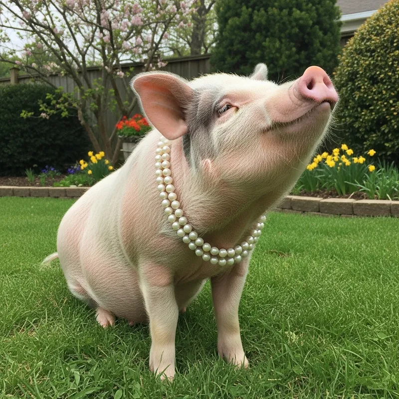 Pearl-Adorned Pot-Bellied Pig in a Garden Setting
