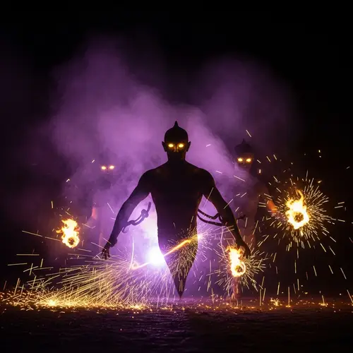 Ethereal Jinn Entities in Purple Mist and Golden Fire