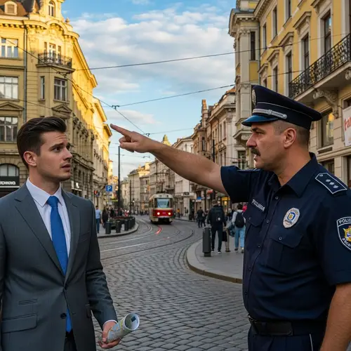 Bulgarian Policeman Directs Formal Dressed Man in Sofia Streets