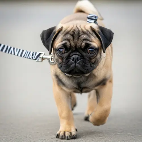 Adorable 4-Month-Old Brown and Black Pug on Zebra Leash