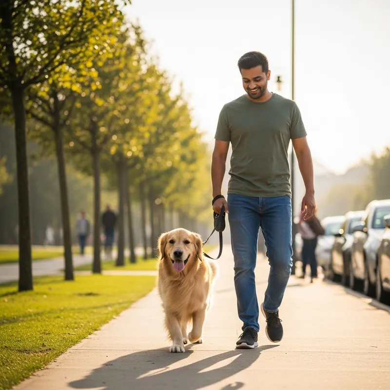 Golden Retriever Walking with Owner