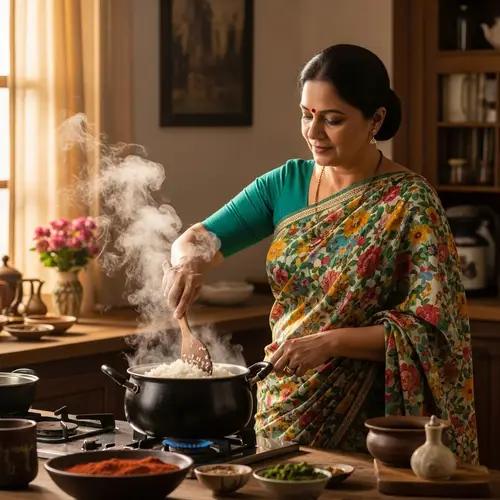 Traditional South Asian Woman Cooking Rice in Vibrant Sari