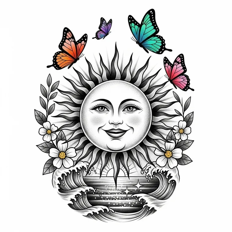 Radiant Sun Happiness Tattoo Design - Butterflies, Flowers, Ocean