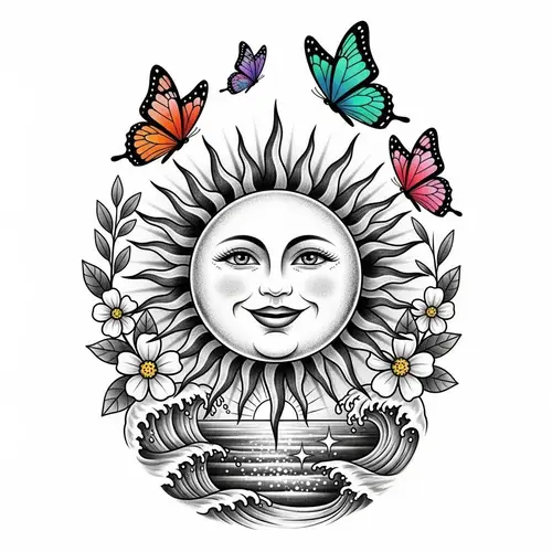 Happiness Symbol Tattoo Design - Sun, Butterflies, Flowers & Ocean