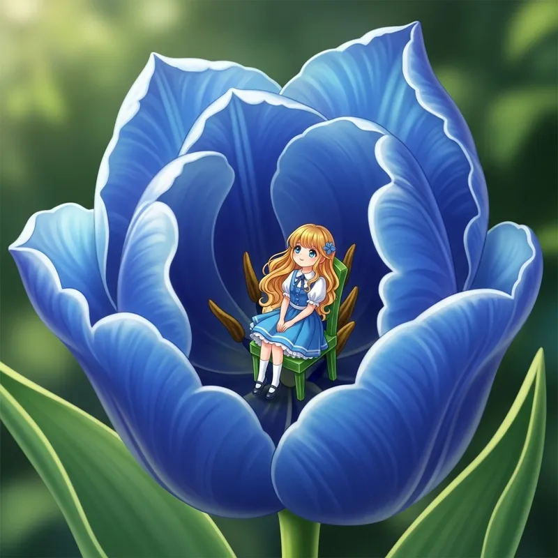 Blue Tulip with Tiny Girl in Blue Dress Illustration