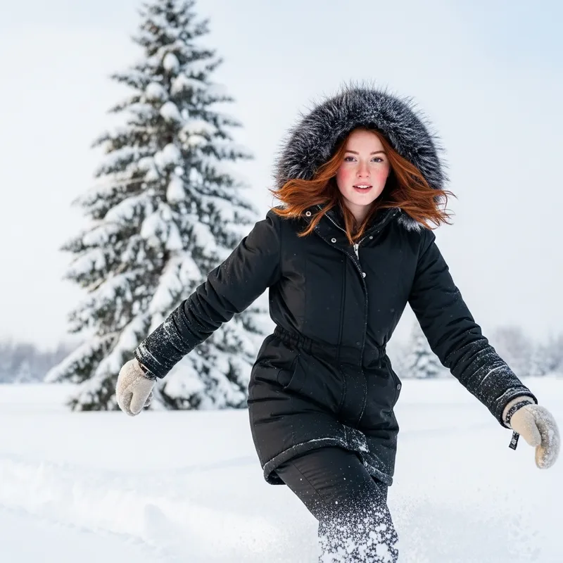 Red-Haired Woman in Black Coat - Winter Activities Outdoors