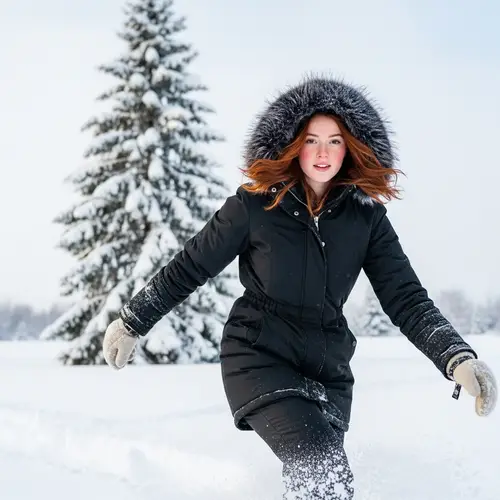 Red-Haired Woman in Black Winter Coat - Outdoor Winter Activity