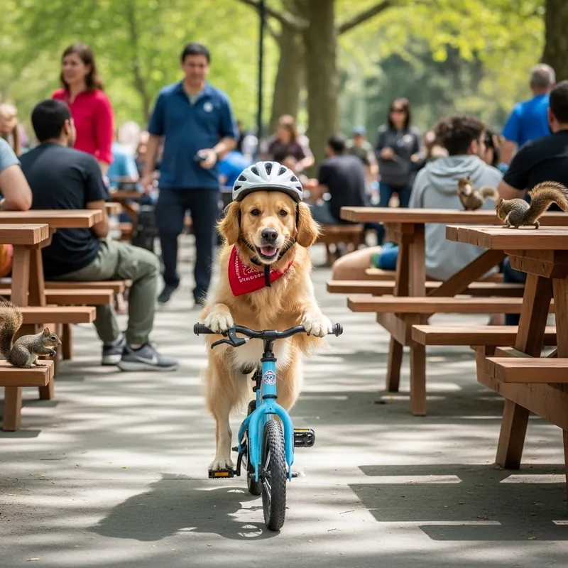 Golden Retriever Riding Bike - Cute Park Scene