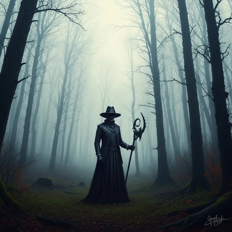 Enigmatic Figure in Lush Forest - Fantasy Impressionist Scene