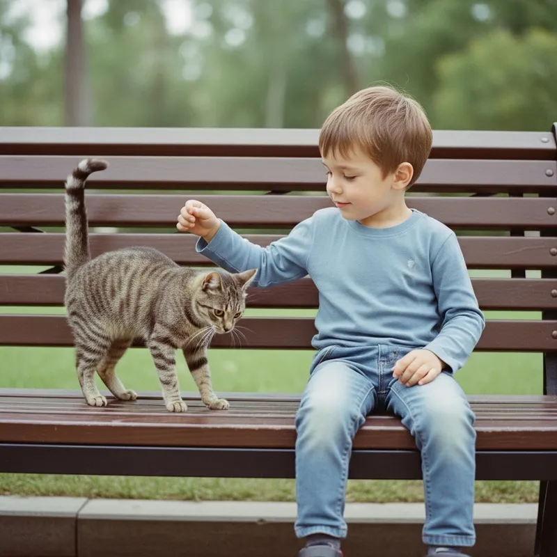 Captivating Scene: Boy and Cat on Park Bench, Vintage Feel