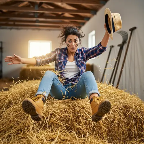 Hispanic Woman Comically Slips into Hay at Barn