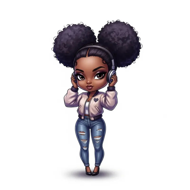 Airbrush Cartoon Chibi African American Woman in Bomber Jacket Airbrush Cartoon Chibi African American Woman in Bomber Jacket