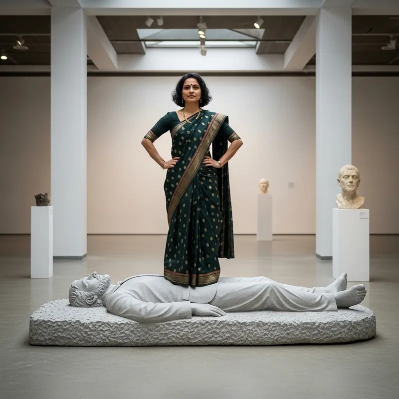 Powerful South-Asian Woman Stands on Captivating Sculpture