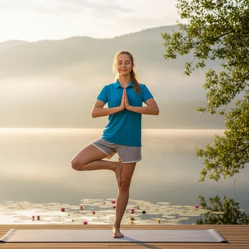 Tranquil Yoga Pose in Blue Polo Shirt | Mindfulness Practice