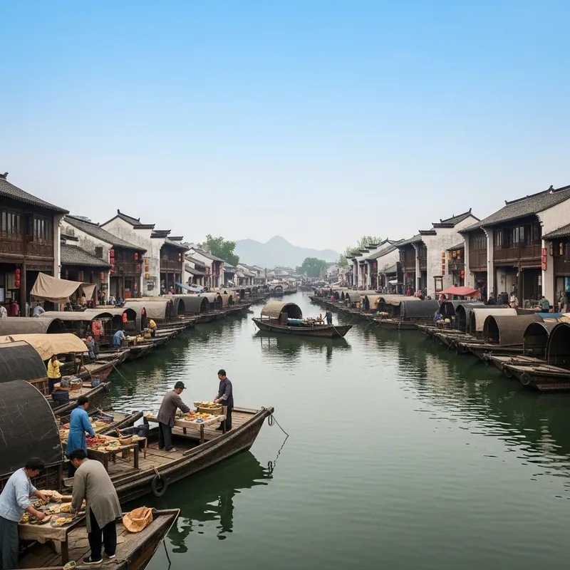 Qing Dynasty Harbor Scene with Small Boats in Tranquil Waters Qing Dynasty Harbor Scene with Small Boats in Tranquil Waters
