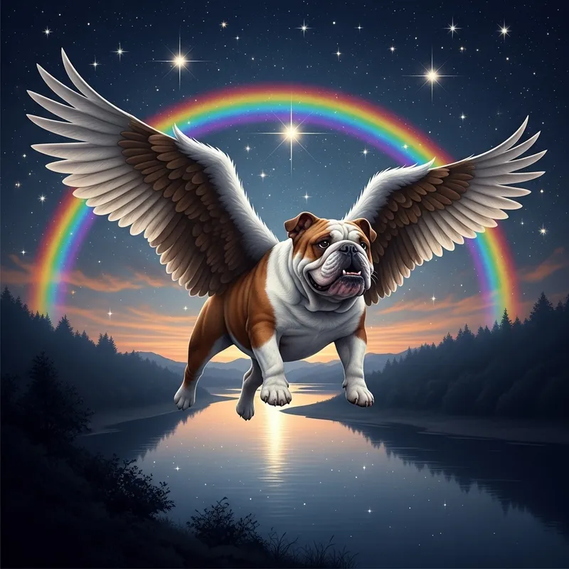 Magical Flying Bulldog with Rainbow at Night Magical Flying Bulldog with Rainbow at Night