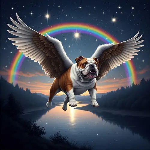 Magical Flying Bulldog with Rainbow at Night