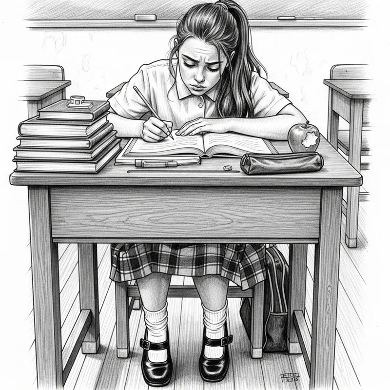 Mischievous Girl Studying at Her School Desk