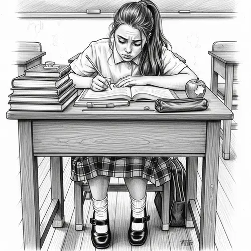 Mischievous Girl Studying at Her School Desk