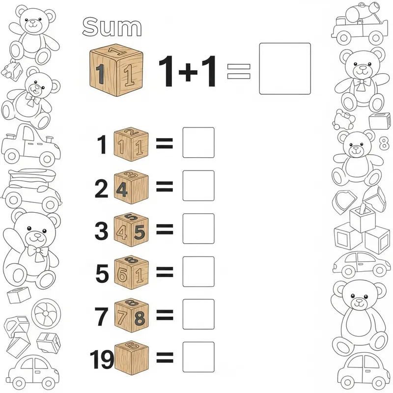 Coloring Book: Add 1+1 to 1+9 with Wooden Cubes & Toys