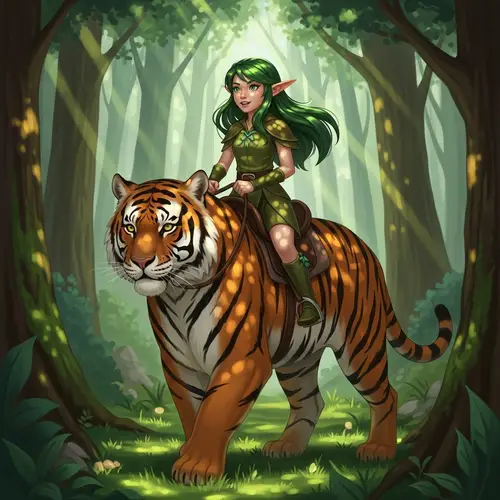 Elf Girl with Green Hair Riding a Tiger | Enchanting Forest Scene