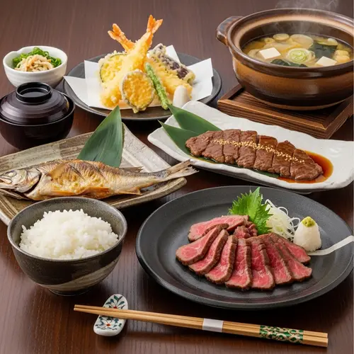 Delicious Japanese Main Courses: Traditional Spread on Dark Wooden Table