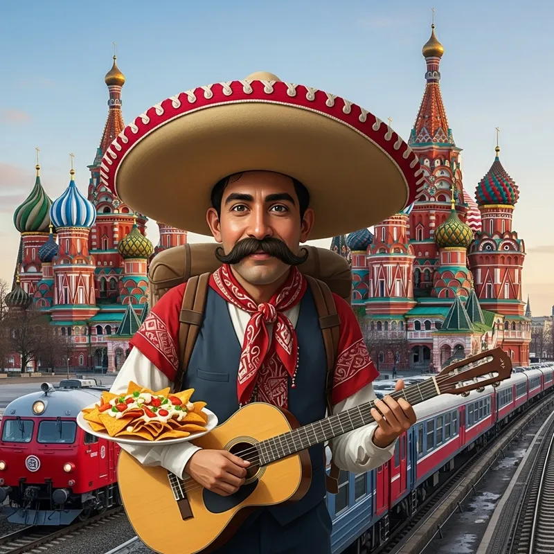 Mexican Traveler Explores Russia with Sombrero, Guitar, and Nachos