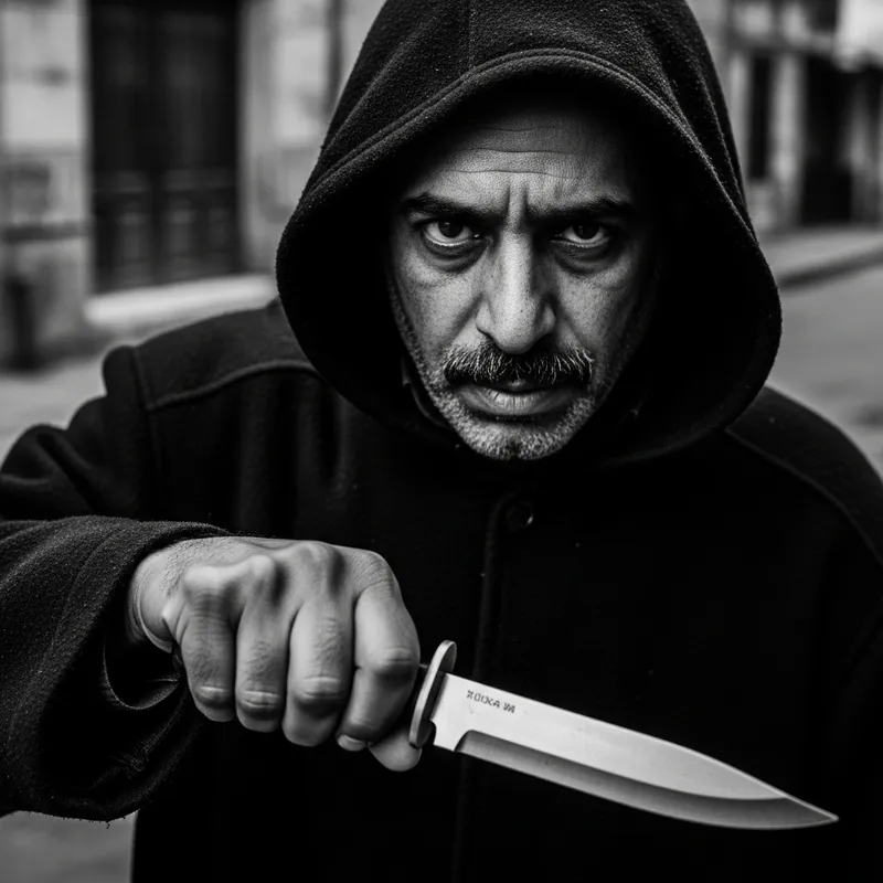 Mysterious Man with Knife in Dramatic Black and White Street Portrait