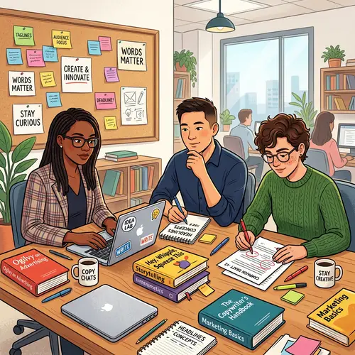Diverse Group of Copywriters Collaborating in Modern Office