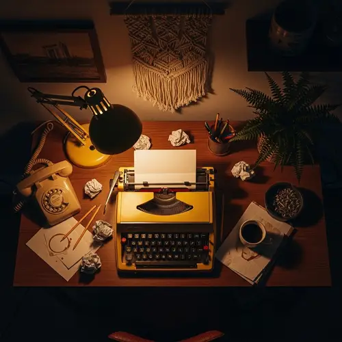 Vintage 1970s Scene with Yellow Typewriter and Pencils