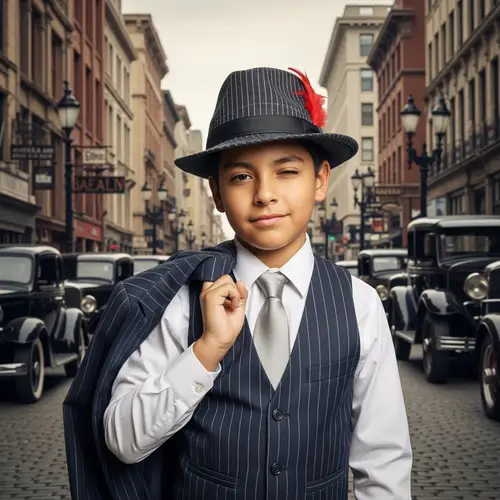 Young Hispanic Boy Dressed as 1920s Gangster