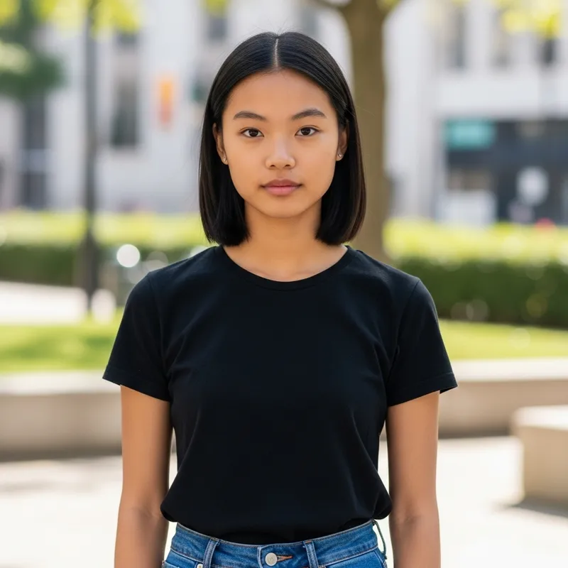 Realistic Image of Slender Girl with Clear Brown Skin and Almond-shaped Dark Brown Eyes