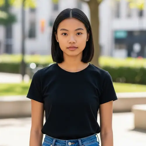Realistic Image of Slender Girl with Black Hair and Brown Eyes